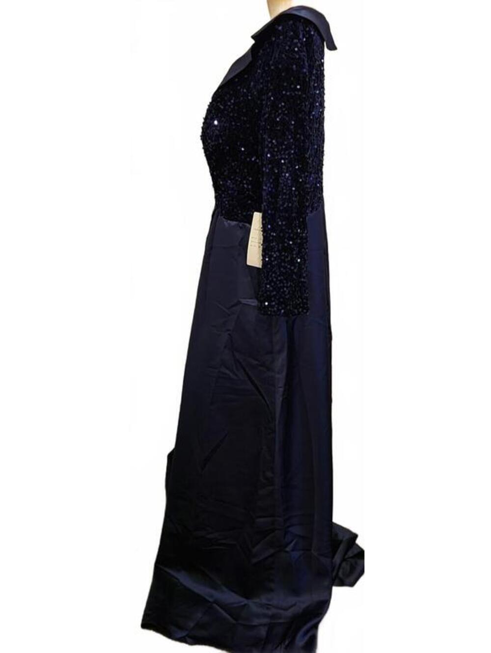 Women's Elegant Navy Blue Sequin Evening Prom wedding Party Gown Plus Slit Dress - Picture 7 of 9